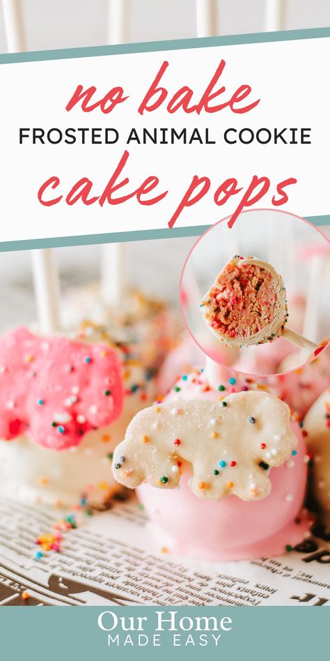 Enjoy the nostalgia of frosted animal cookies with this yummy cake pop recipe. Create a fun and tasty treat for any occasion! #ourhomemadeeasy #desserts #cakepops #animalcookies Animal Cookie Cake, Circus Cake Pops, Cookie Cake Pops, Frosted Animal Cookies, Pudding Desserts Layered, Rainbow Sprinkle Cakes, Circus Cookies, Circus Cake, Animal Cookie