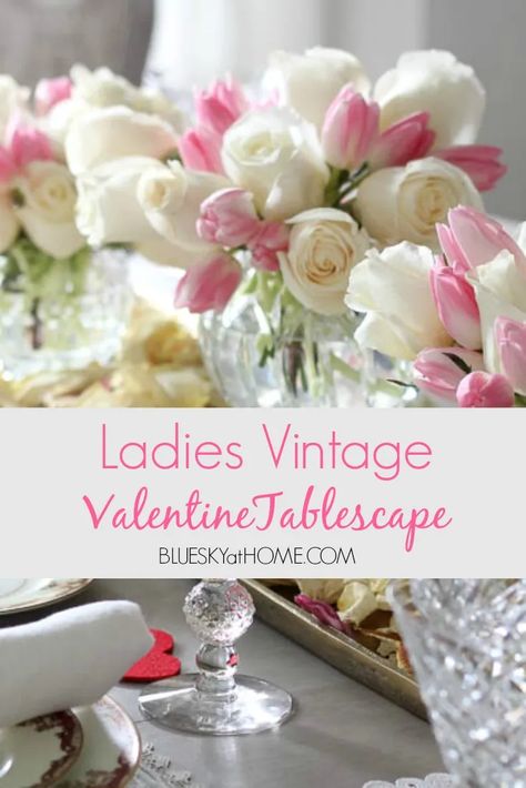 Ladies Vintage Valentine Tablescape. Use your best vintage dishes and treasures to create a feminine Valentine tablescape for your girlfriends. #valentinetablescape #vintagevalentines #vintagetablescape #blueskyathome Valentines Day Tablescapes, Valentines Tea Party, Valentine Tablescape, Valentines Brunch, Valentines Day History, Valentine History, Vintage Valentines Decorations, Pretty Table Settings, Valentine Table