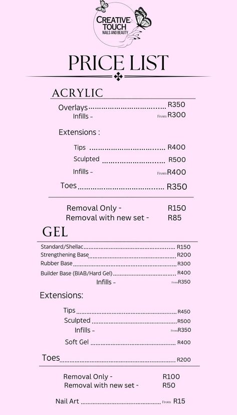 We have restructured our prices and given you all a simpler price list! All nail art will no longer be included in the price….. it will be charged separately! �💖💅🏻 Nail Art Price List, Gel Nail Price List, Acrylic Nail Price List, Nails Price List, Nail Salon Price List, Nail Salon Price List Templates, Nail Prices, Hard Gel, Nail Extensions