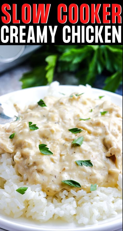 NA Chicken And Rice Crockpot, Creamy Crockpot Chicken, Crockpot Chicken And Gravy, Slow Cooker Creamy Chicken, Creamy Chicken Recipes, Creamy Chicken And Rice, Chicken Crockpot Recipes Easy, Easy Crockpot Chicken, Chicken Thigh Recipes Crockpot