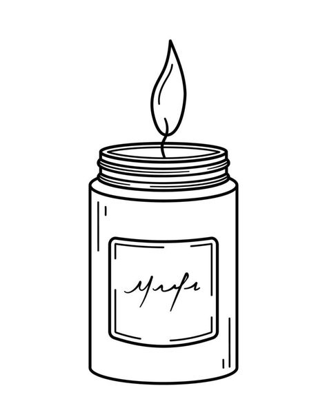 Burning aroma candle in glass jar. Modern decor for home, aromatherapy, relaxation. Hand drawn sketch icon. Isolated vector illustration in doodle line style. Aromatherapy Illustration, Candle Sketch, Lilin Aroma, Candle In Glass, Sketch Icon, Jar Stickers, Aroma Candle, Colorful Candles, Glass Candle