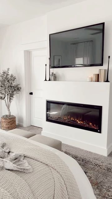 Fireplace Tv Bedroom, Bedroom With Fireplace Master Modern, Bedroom Fireplaces Master, Neutral Bedroom With Fireplace, Electric Fireplace In The Bedroom, Master Room Fireplace, Fire In Bedroom, Bedroom Tv Wall With Fireplace, Built In Bedroom Fireplace