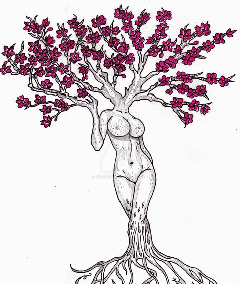 Tree Goddess Art, Goddess Tree Tattoo, Mother Nature Tree Drawing, Woman Tree Tattoo Goddesses, Woman Tree Tattoo, Spiritual Tree Drawing, Womens Body Tree Tattoo, Mother Earth Art, Illusion Paintings