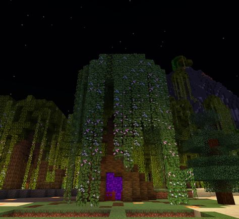 Mangrove logs, Jungle leaves, vines, nether portal, dark oak stairs + slabs, mangrove fence gate ×2 Tree Minecraft, Nether Portal, Oak Stairs, Jungle Leaves, Minecraft Ideas, Fence Gate, Willow Tree, Fence, Minecraft