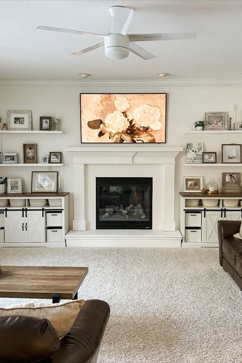 Living Room Fireplace Flat Wall, Living Room Designs Tv On Wall, Dining Room In Front Of Fireplace, Living Room Wall With Fireplace And Tv, Tv On Top Of Fireplace Living Rooms, Middle Fireplace Living Room, Frame Tv Gallery Wall Fireplace, Living Room Focal Wall With Tv, Central Fireplace Living Room