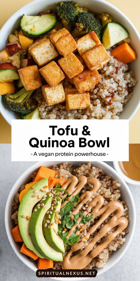 Whip up this high protein vegan dinner with tofu, quinoa, and fresh veggies! A simple, filling recipe for your next plant-based dinner. 💪 #HealthyEating #VeganProtein Simple Healthy Vegan Recipes, Tofu And Beans, Quinoa Vegetable Recipes, Flavorful Quinoa Recipes, Vegan Buddha Bowl Meal Prep, Tofu Recipes High Protein, Vegan Dinner Quinoa, Healthy Meals With Tofu, Vegetarian Meal Preps