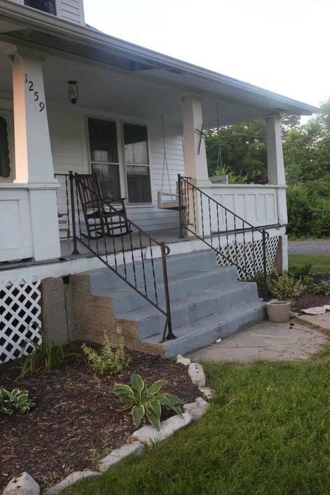 How to Cover Concrete Steps with Wood Cover Concrete Steps, Front Porch Renovation, Concrete Front Steps, Concrete Front Porch, Porch Supports, Front Porch Steps, Front Porch Makeover, Porch Paint, Porch Remodel