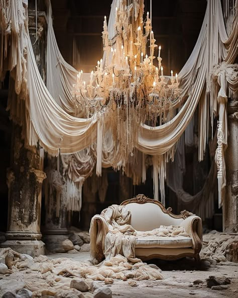 Whimsical Set Design, Draping Fabric On Walls, Theater Decor Stage Set Design, Draping Bedroom, Chandelier Photoshoot, Set Stage Design, Draped Chandelier, Draped Ceiling, Chandelier Aesthetic