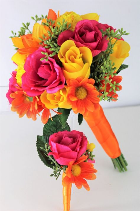 Orange Prom Flowers, Orange Prom Flowers Bouquets, Hot Pink Orange Yellow Wedding, Prom Flowers Bouquet Orange Dress, Bright Pink Orange Yellow Wedding, Pink Yellow Orange Wedding Bouquet, Bright Pink Prom Bouquet, Prom Flowers Bouquet, Homecoming Flowers