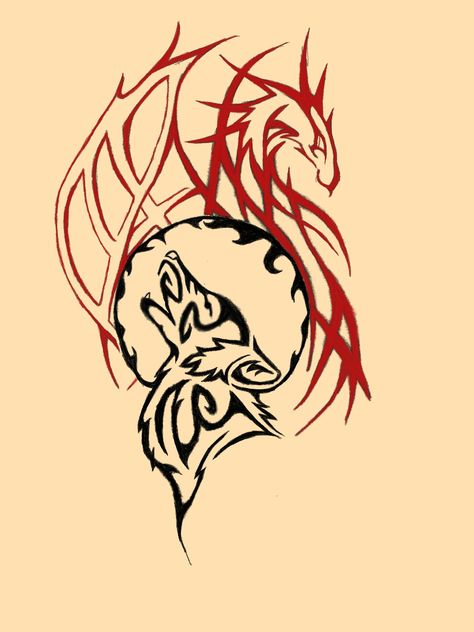 Tribal print dragon-wolf tattoo design His And Her Dragon Tattoo Ideas, Wolf Dragon Tattoo, Dragon And Wolf Tattoo Design, Wolf And Dragon Tattoo, Wolf And Dragon, Wolf Yin Yang Tattoo, Yin And Yang Wolf Tattoo, Dragon And Wolf Drawing, Norse Dragon Tattoo