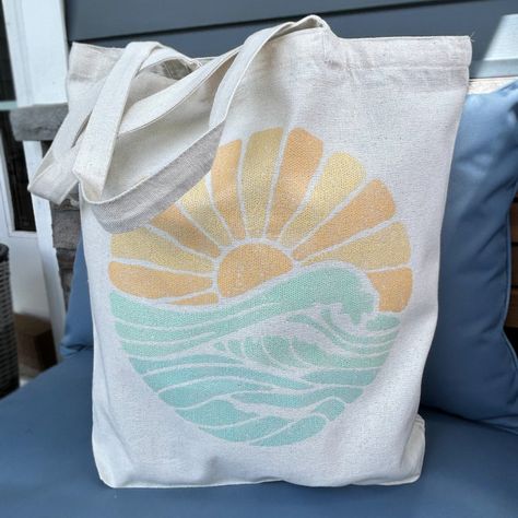 Get ready for a perfect beach day with our Sun + Wave tote bag. Fill it with your summer essentials (phone, speaker, sunscreen, towels, hair ties and more) #sunshineandsaltwater #beachbag #canvastote #sunandwave Perfect Beach Day, Surfrider Foundation, Beach Towel Bag, Stationary Gifts, Recycled Canvas, Phone Speaker, Beach Essentials, Wine Bag, Transfer Printing