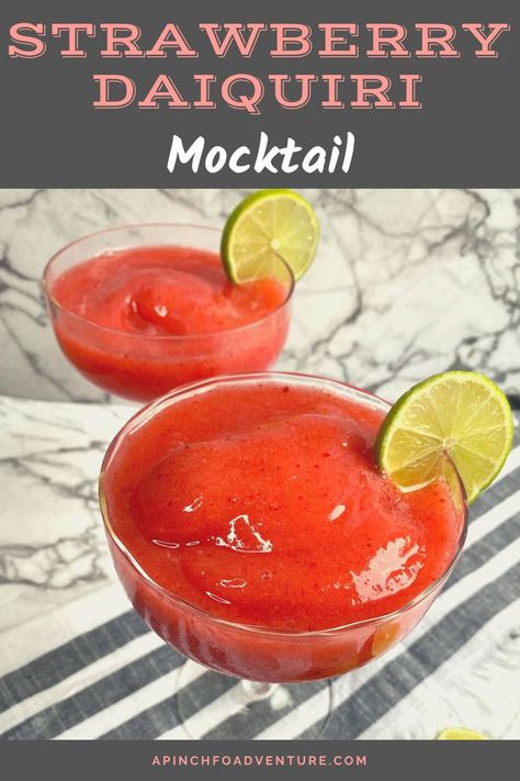 Frozen virgin strawberry daiquiri recipe with Sprite and lime juice Virgin Strawberry Daquiri Recipe, Strawberry Daiquiri Virgin, Non Alcoholic Strawberry Daiquiri, Strawberry Mocktail Recipe, Strawberry Daiquiri Recipe, Best Mocktails, Frozen Strawberry Daiquiri, Tea Drink Recipes, Simple Syrup Recipes