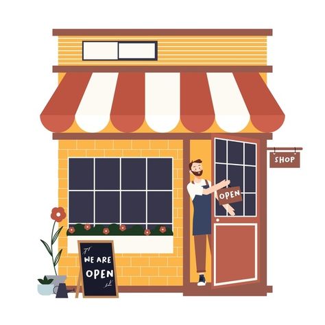 Business Cartoon Art, Restaurant Illustration Drawing, Small Business Illustration, Shops Illustration, Restaurant Cartoon, Restaurant Drawing, We Are Open Sign, Store Cartoon, Small Business Graphics