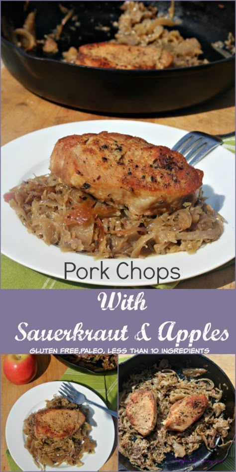 Pork Chops with Sauerkraut and apples gluten free, paleo, less than 10 ingredients simpleandsavory.com Pork Chops With Sauerkraut, Sauerkraut And Apples, Pork And Sauerkraut Recipe, Pork Chops And Sauerkraut, Apple Pork, Apple Pork Chops, Sweet Pork, Sauerkraut Recipes, Instant Pot Pork