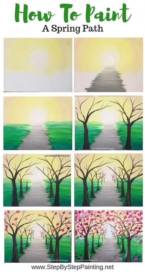 Paint Canvas Step By Step, 10 Minute Drawings, Easy Paint Party Paintings, Art Lessons For 3rd Grade, Spring Art Painting Ideas, Simple Step By Step Painting, How To Canvas Painting, Easy Art To Paint, Spring Drawing For Kids