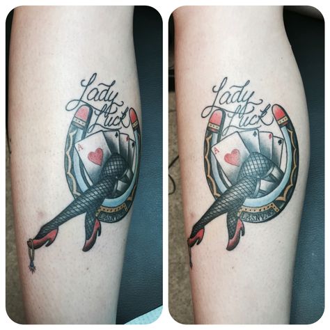 Lady Luck Vegas themed traditional tattoo done by Ian Anderson. Bubbles Tattoos, Luck Tattoo Traditional, Luck Tattoo Ideas, Lady Luck Tattoo, Vegas Tattoos, Luck Tattoo, Ian Anderson, 2023 Poster, Female Tattoos