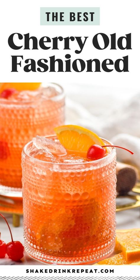 This Cherry Old Fashioned is made with tart cherry liqueur, brandy, and lemon lime soda to create a refreshing and fruity twist on the classic Old Fashioned cocktail. Cherry Old Fashioned, Cherry Cocktails, Booze Recipes, Old Fashion Drink Recipe, Brandy Drink, Cherry Bounce, Shake Drink, Old Fashioned Cherries, Classic Old Fashioned