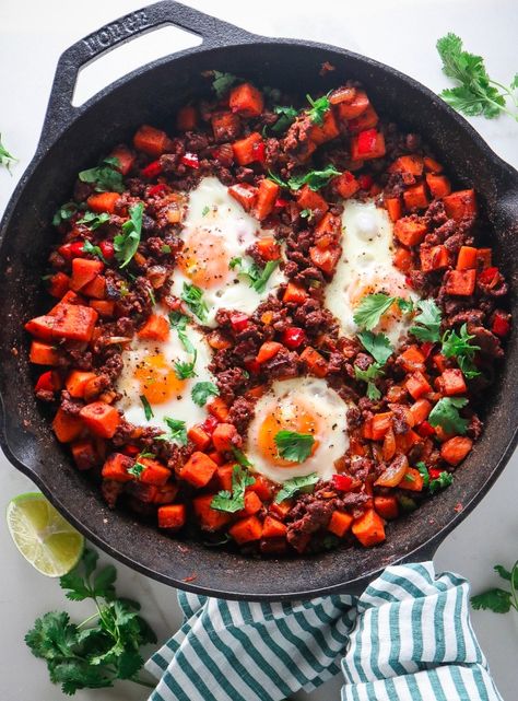 Sweet Potato Chorizo Breakfast Skillet Sweet Potato Recipes Dinner, Potato Recipes Dinner, Chorizo Skillet, Sweet Potato And Chorizo, Sweet Potato Chorizo, Chorizo Sweet Potato, Spinach Linguine, Chorizo Hash, Sweet Potato Skillet