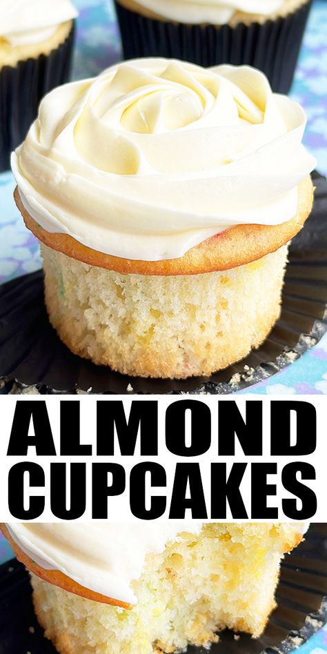 Soft, moist, easy ALMOND CUPCAKES recipe with almond buttercream frosting, homemade with simple ingredients from scratch. Also called white almond sour cream cupcakes (WASC). From CakeWhiz. White Almond Cupcake Recipe, White Almond Cupcakes, Almond Cupcakes Recipes, Vanilla Almond Cupcakes, Cupcakes Recipes From Scratch, White Cake Mix Cupcake Recipes, Almond Flavored Cupcakes, Almond Cupcakes From Box Cake, Almond Amaretto Cupcakes