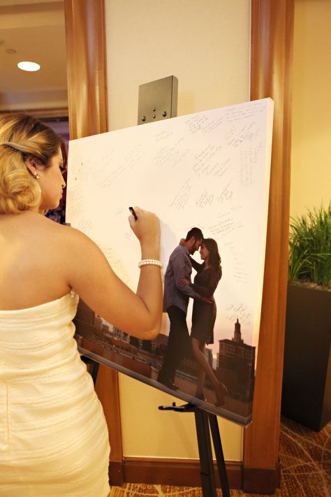 We made a canvas out of one of our engagement photos and provided sharpies for guests to sign. Wedding Wishes, Wedding Time, Fairytale Wedding, Here Comes The Bride, Wedding Guest Book, Wedding Bells, Fun Wedding, Country Wedding, Guest Book