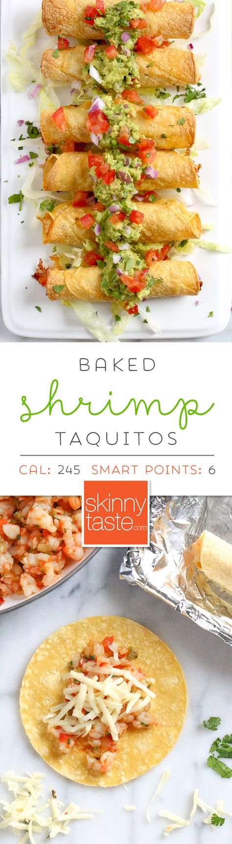 Baked Shrimp Taquitos are so much lighter and healthier than frying, and they come out perfect and crisp! The shrimp filling is SO good you'll be tempted to eat it before you roll them up. I plan on making the filling again to use for shrimp tacos this week! Crockpot Skinnytaste, Shrimp Taquitos, Soup Skinnytaste, Shrimp Filling, Fish Plates, Food Seafood, Diy Easy Recipes, Seafood Entrees, Ww Freestyle