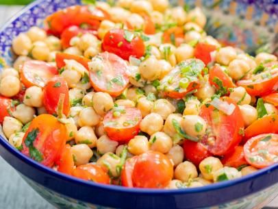 Chickpea Salad Recipe | Michael Symon | Food Network Summer Food Party, Michael Symon, Grilled Halloumi, Chickpea Salad Recipes, Michael Simon, Summer Meals, Pea Salad, Greek Dishes, Chickpea Salad