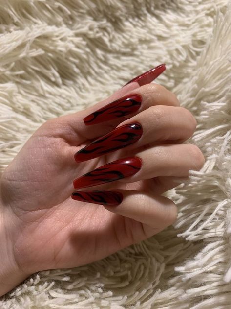 Dark Cherry Red Nails With Design, Red And Black Nails Design Classy, Dark Red Nails Design, Wine Red Nails Designs, Dark Red Nails With Design, Hot Red Nails, Nails Dark Red, Black Cherry Nails, Pink Black Nails