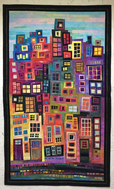 Quilted Houses, City Quilt, Solid Fabric Quilts, City Scape Painting, Abstract Cityscape, Landscape Art Quilts, Collage Book, Paper Collage Art, Abstract City