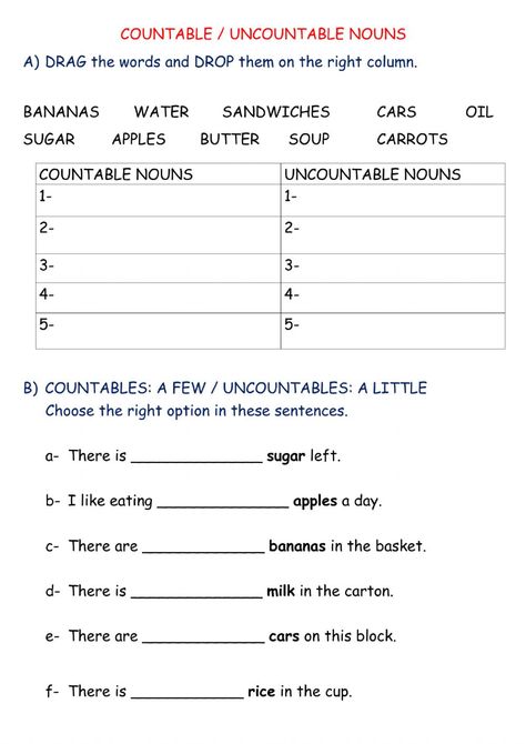 Uncountable And Countable Noun Worksheet, Countable And Uncountable Nouns Exercise, Countable And Uncountable Nouns Activity, Countable Uncountable Nouns Worksheets, Countable And Uncountable Worksheet, Uncountable Nouns Worksheets, Countable Uncountable Nouns, Countable Nouns, Nouns Exercises