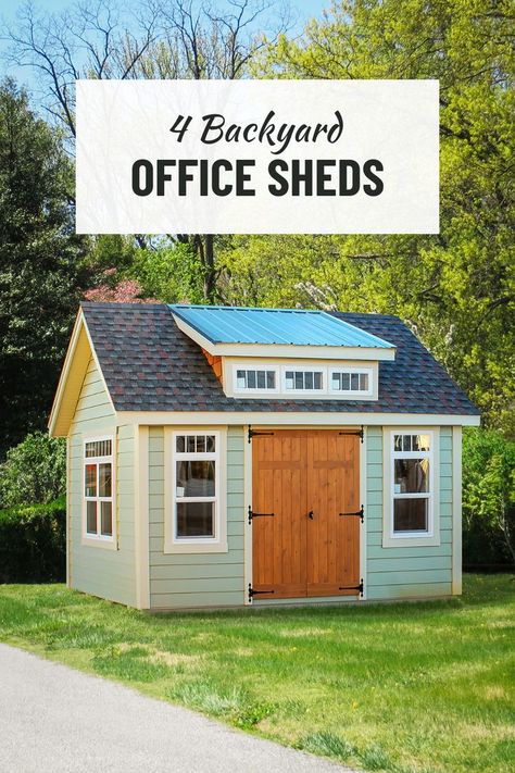 A backyard office shed with transom windows and a wooden door. Office Shed Ideas, Office Sheds Backyard, Outdoor Office Shed, Shed Exterior Ideas, Home Office Shed, Backyard Office Shed, Sheds Ideas Backyard, Outside Sheds, Office Shed