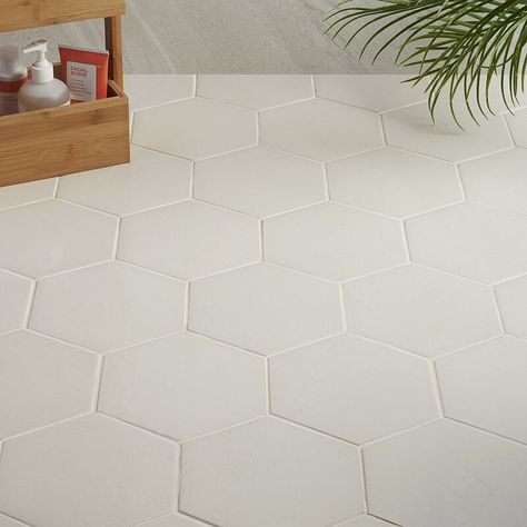 Ivy Hill Tile Appaloosa 7" x 8" Porcelain Wall & Floor Tile | Wayfair White Hexagon Tile Bathroom, Large Hexagon Tile, Hexagon Tile Bathroom Floor, Cream Backsplash, Hexagon Tile Bathroom, Porcelain Hexagon Tile, White Hexagon Tiles, Hexagon Floor, Hexagon Tile Floor