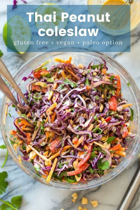 Bright and crunchy Thai Peanut Coleslaw - chopped and shredded veggies dressed in a simply peanut sauce | #GlutenFree + #Vegan + #Paleo Options #coleslaw #thai #peanut #healthysummer #saladrecipe Thai Coleslaw, Coleslaw Chicken, Peanut Coleslaw, Recipes Cheesecake, Peanut Salad, Vegan Coleslaw, Recipes Pizza, Coleslaw Salad, Shredded Cabbage