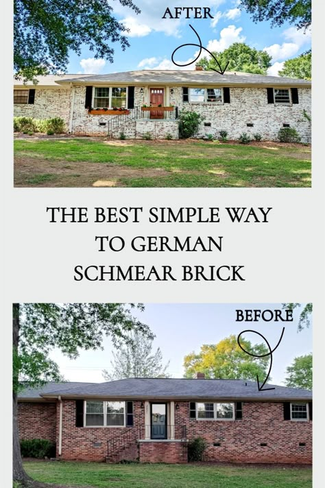 House Exterior German Smear, German Smear Before And After Exterior, German Smear House Exterior, White German Smear Brick Exterior, German Smear Ranch Style House, Limewash Rough Brick, Limewash Brick Exterior With Shutters, German Smear Brick Ranch House, White Smear Brick House