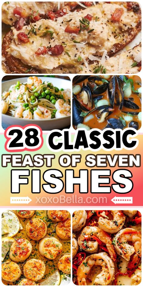 Recipes for feast of the seven fishes for Christmas Eve Italian Seven Fish Dinner, Feast Of 7 Fishes Recipes, Italian Feast Of Seven Fishes, Fish Dishes For Christmas Eve, Seafood Ideas For Christmas, Types Of Seafood, Easy Feast Of The Seven Fishes, Christmas Eve Seafood Appetizers, Italian 7 Fishes Christmas Eve