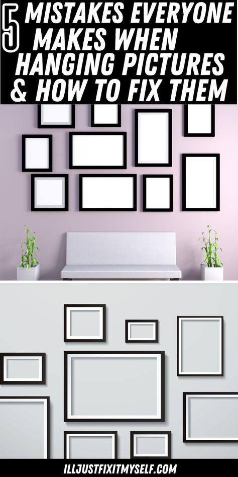 Various picture frames with uneven spacing, depicting common mistakes to avoid. How To Hang 8x10 Pictures On Wall, How Many Pictures To Hang In A Room, Picture Hanging Ideas For Office, Picture Frame Grouping On Wall, How To Space Pictures On Wall, How To Hang Picture Collage On Wall, Hanging Picture Collage On Wall, Pictures On Wall Shelves, How To Hang A Group Of Pictures On Wall