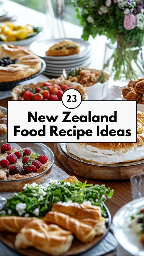 A variety of New Zealand food dishes, including savory pies and sweet pavlovas, beautifully arranged on a table, showcasing the rich culinary traditions of New Zealand. Nz Baking Recipes, New Zealand Breakfast, New Zealand Food Traditional, New Zealand Christmas Food, New Zealand Appetizers, New Zealand Recipes Traditional, New Zealand Food Recipes, New Zealand Recipes, New Zealand Cuisine