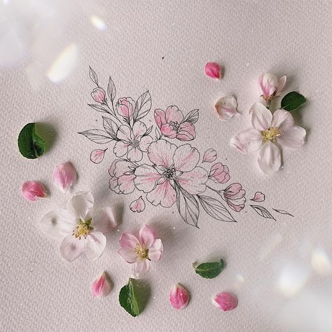 apple blossom tattoo • Instagram Apple Blossom Flower Tattoo, Apple Blossom Tattoo, Apple Blossom Tattoos, Arm Wrap Tattoo, Apple Blossom Flower, Etching Tattoo, Wrap Tattoo, Tattoo Instagram, Artist Tattoo