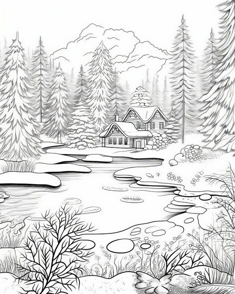 Scenic Coloring Pages For Adults, Christmas Adult Coloring Pages, Printable Coloring Pages For Adults, Coloring Pages Nature, Landscape Pencil Drawings, Snow Landscape, Sky Art Painting, Nature Art Drawings, Animal Illustration Art