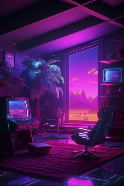 Immerse yourself in the retro futurism of a synthwave computer room with this vibrant art print, capturing the essence of digital nostalgia. Retro Futurism 80s, Synthwave Aesthetic Room, Synthwave Bedroom, Lofi Aesthetic Gif, Retro Wave Aesthetic, Synthwave Room, Digital Nostalgia, Vice Aesthetic, Retrowave Art