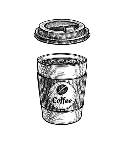 Coffee to go. Paper cup with lid. label with text and bean. Small size. Ink sketch isolated on white background. Hand drawn vector illustration. Retro style. Paper Cup Drawing, Coffee Cup Drawing, Cup Drawing, Ap Drawing, Retro Paper, Hand Drawn Vector Illustrations, Coffee To Go, Cup With Lid, Ink Sketch