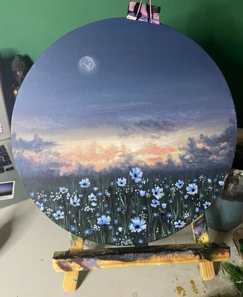 Circle Canvas Painting Butterfly, Round Landscape Painting, Acrylic Circle Painting, Things To Paint On A Round Canvas, Circle Landscape Painting, Paintings On A Circle Canvas, Painting Ideas For Circle Canvas, Drawing On Round Canvas, Round Flower Painting