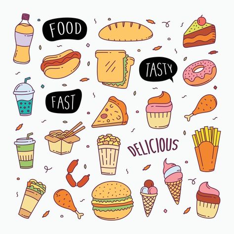 Fast food doodles hand drawn line art style object elements Food Doodles Hand Drawn, Doodle Art Style, Art Markers Drawing, Line Art Style, Food Doodles, Cute Doodles Drawings, Marker Drawing, Bullet Journal Doodles, Food Drawing