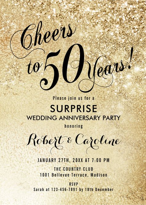 Surprise 50th Wedding Anniversary Invitation. Elegant design in faux glitter gold with confetti and black script font. Cheers to 50 Years! Perfect for a stylish party. Printed Zazzle invitations or instant download digital template. Shop Wedding Reception, Blue Wedding Receptions, 50th Anniversary Invitations, 50th Wedding Anniversary Invitations, Wedding Icon, Anniversary Invitation, Wedding Reception Invitations, Wedding Anniversary Celebration, 60 Wedding Anniversary