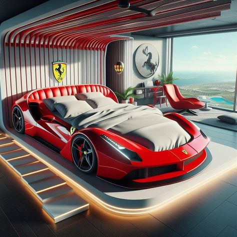 Ferrari bed Ferrari Bedroom, Boys Car Bedroom, Businesses Ideas, Magical Bedroom, Princess Bedrooms, Cool Panda, Bed With Led Lights, Ferrari World, Inspired Bedroom