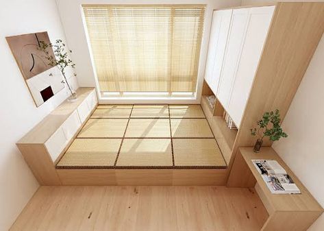 Glass Door Wardrobe, Japanese Platform Bed, Raised Platform Bed, Wardrobe Open, Bed Board, Bed Wardrobe, Japanese Storage, Bed With Wardrobe, Tatami Bed