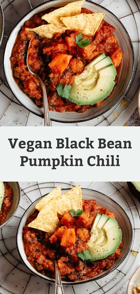 This easy Sweet Potato Black Bean Pumpkin Chili comes together with pantry staples in just 4 hours in the slow cooker. Or you can make in the Instant Pot in about 30 minutes total! Vegan, gluten free, great for leftovers and meal prep. Vegan Pumpkin Chili, Black Bean Pumpkin Chili, Sweet Potato Black Bean, Easy Sweet Potato, Black Bean Chili, Sweet Potato Black Beans, Pumpkin Chili, Quick Healthy Dinner, Vegan Black Bean