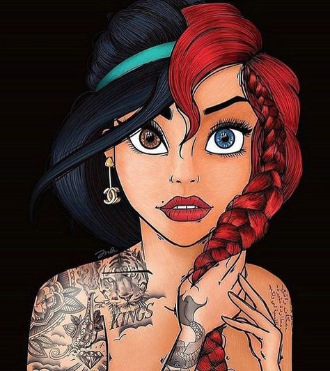 Jasmine or Ariel?💕💛💜 - turn on the notifications for daily updates • Tag someone who like the art of tattooing… Disney Swag, Goth Disney, Princesas Disney Anime, Punk Disney Princesses, Disney Princess Tattoo, Princess Tattoo, Punk Disney, Mermaid Wall Art, Dark Disney