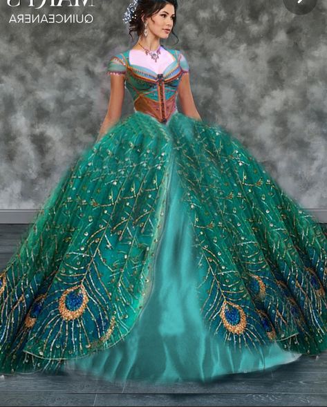 Peacock Quinceanera Dresses, Aladdin Wedding Theme, Arabian Palace, Aladdin Wedding, Jasmine Makeup, Princess Jasmine Dress, Princess Sweet 16, Quinceanera Themes Dresses, Dress Quinceanera