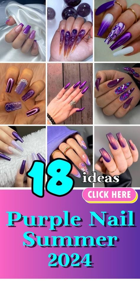 Step into summer 2024 with striking purple nail designs. Our collection spans from soft lavender to vibrant neon, tailored for any summer event. Unlock your nail potential with our fresh takes on purple nail summer ideas, coffin shapes, and short chic inspirations. Be the trendsetter Summer Purple Nails Design, Bright Purple Nails Design, Nail Summer Ideas, Short Purple Nail Designs, Hot Purple Nails, Summer Purple Nails, Fun Purple Nails, Lavender Nail Ideas, Summer Nails Purple