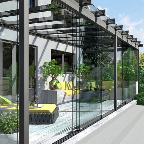 Garden glass room with open sliding doors Glass Room Design, Glass Room Extension, Glass Roof Extension, Lanai Design, Glass Rooms, Terrace Roof, Glass House Design, Modern Gazebo, Roof Garden Design